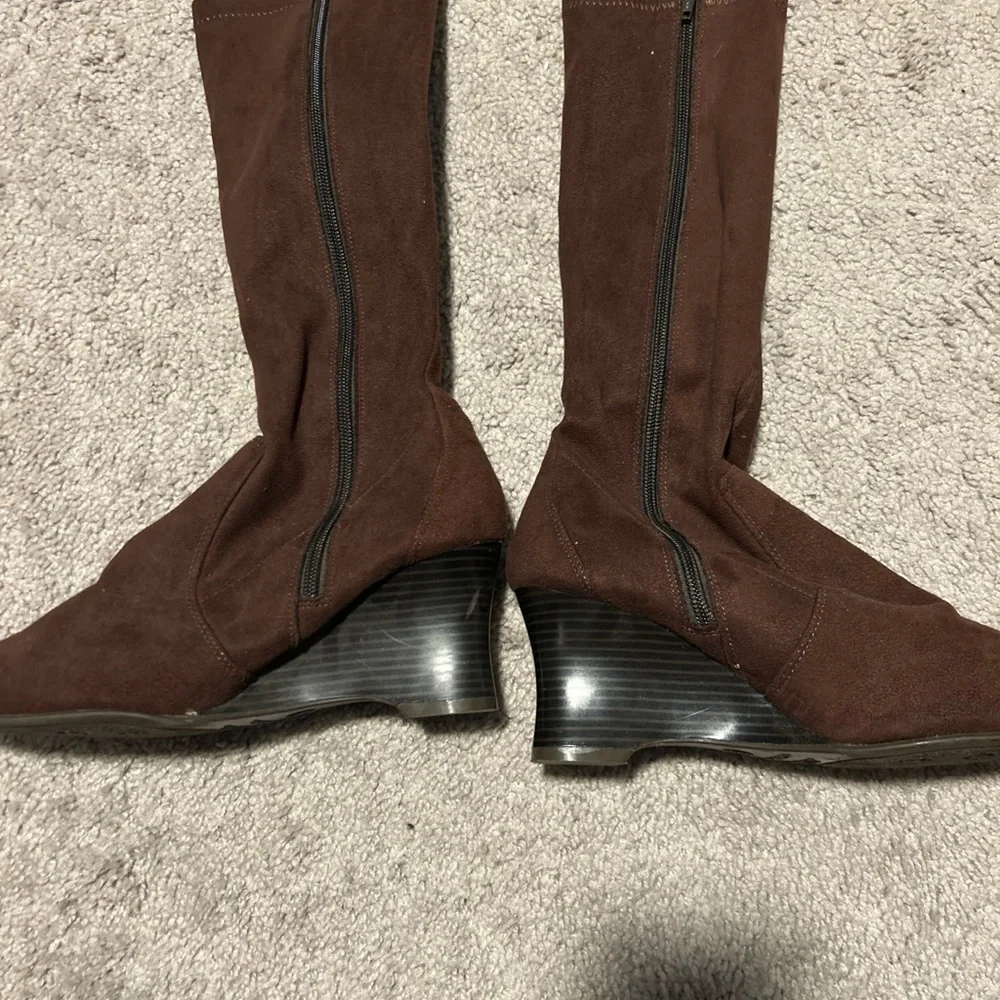 Brown Stretch Faux Suede Wedge Heel Zipper Boots 8